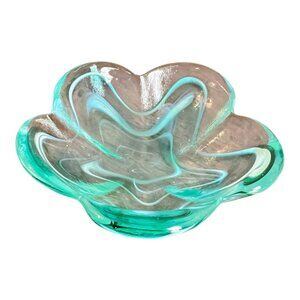 Art Glass Bowl Blue & White Swirl Leaf Flower Design 1.5" Tall 4" Diameter